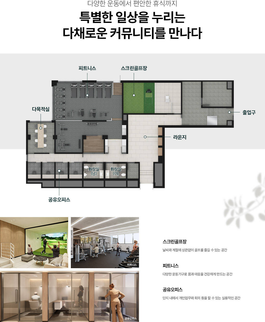 커뮤니티 — 2층 주민공동시설 평면(피트니스·스크린골프장·다목적실·공유오피스·라운지)과 시설 CG