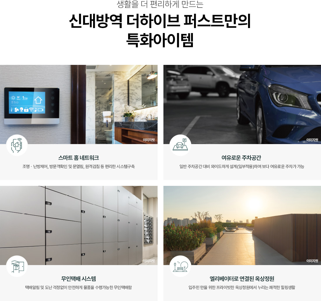 신대방역 더하이브퍼스트만의 특화아이템 — 스마트 홈 네트워크 · 여유로운 주차공간(일부적용) · 무인택배 시스템 · 엘리베이터로 연결된 옥상정원